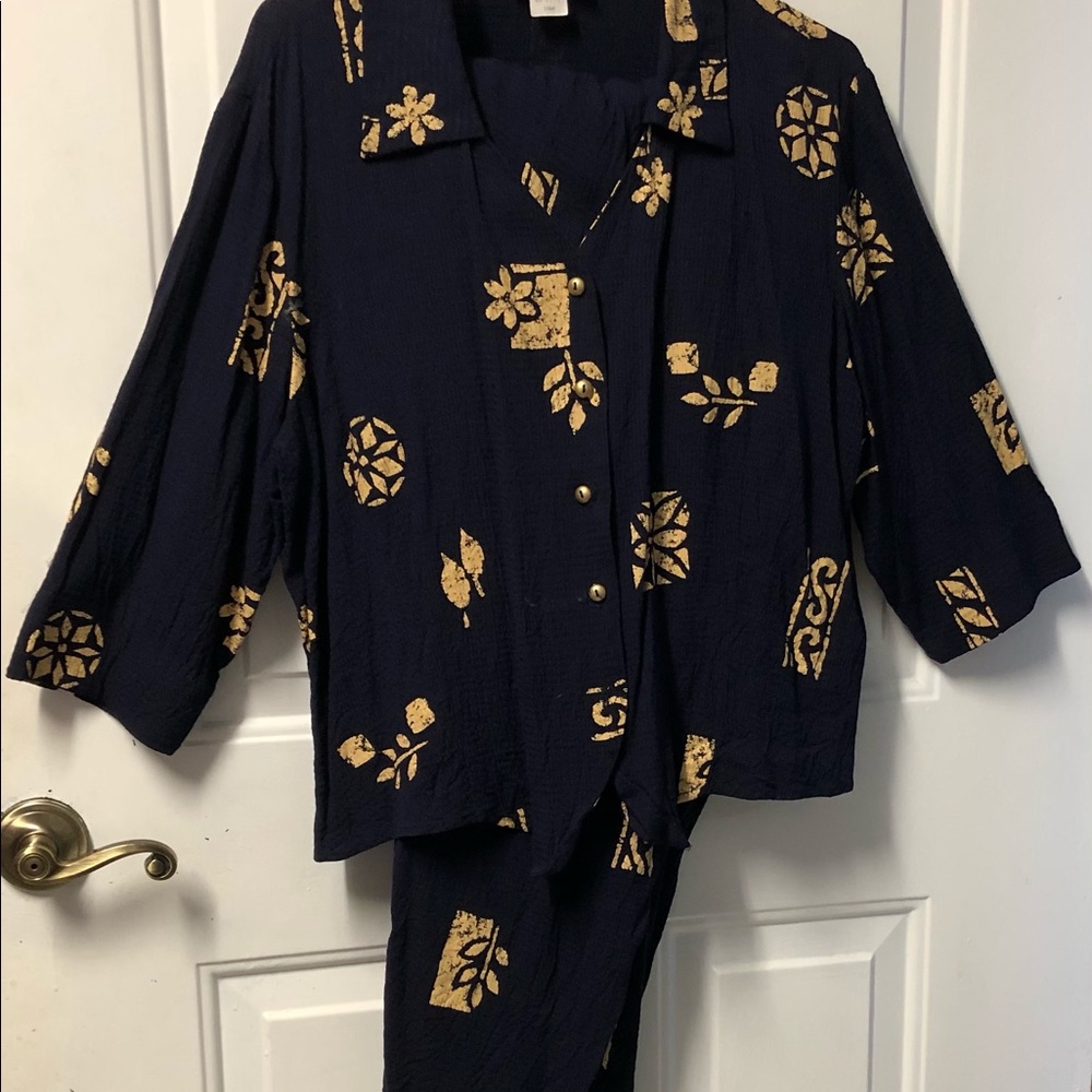 Liz&Me Pantsuit 2pc Dark Blue Khaki Leaves Women’s